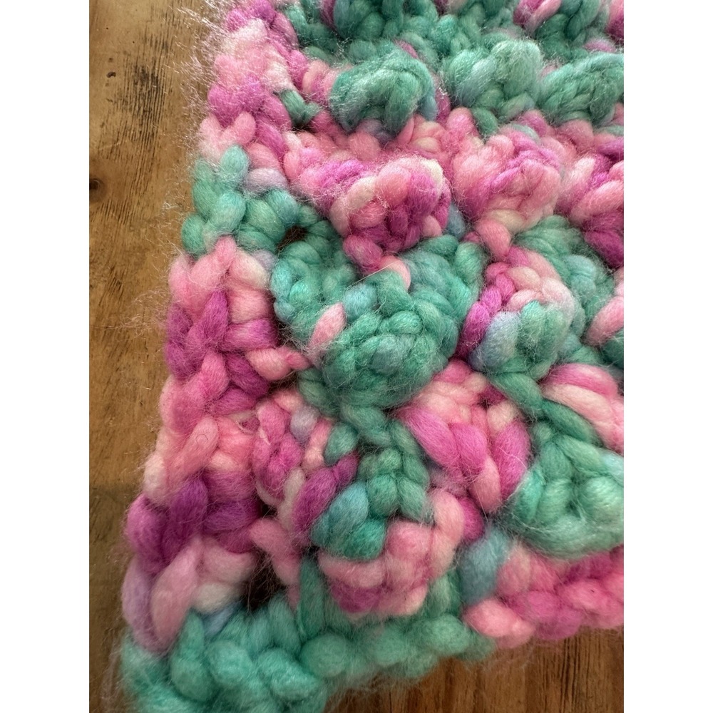 Handmade Chunky Crochet Blanket Pink Mint & Lavander Puff Stitch Throw 47x32 - Picture 4 of 7